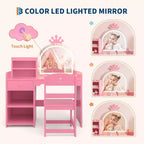 Set da toeletta per bambini con specchio illuminato a LED, tavolo e sedia da trucco 2 in 1 da principessa con libreria, mobiletto e mensole per bambine