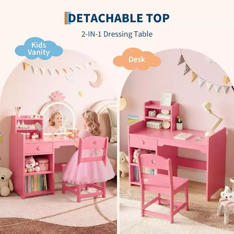 Set da toeletta per bambini con specchio illuminato a LED, tavolo e sedia da trucco 2 in 1 da principessa con libreria, mobiletto e mensole per bambine