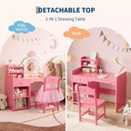 Set da toeletta per bambini con specchio illuminato a LED, tavolo e sedia da trucco 2 in 1 da principessa con libreria, mobiletto e mensole per bambine