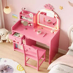 Set da toeletta per bambini con specchio illuminato a LED, tavolo e sedia da trucco 2 in 1 da principessa con libreria, mobiletto e mensole per bambine