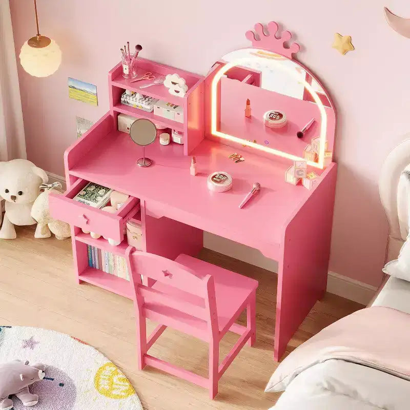 Set da toeletta per bambini con specchio illuminato a LED, tavolo e sedia da trucco 2 in 1 da principessa con libreria, mobiletto e mensole per bambine