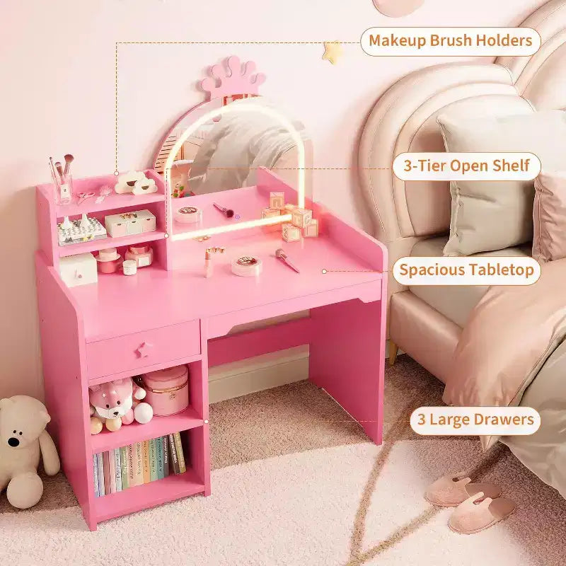 Set da toeletta per bambini con specchio illuminato a LED, tavolo e sedia da trucco 2 in 1 da principessa con libreria, mobiletto e mensole per bambine