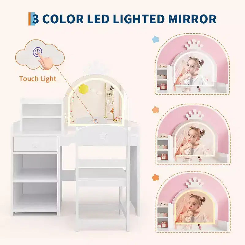Set da toeletta per bambini con specchio illuminato a LED, tavolo e sedia da trucco 2 in 1 da principessa con libreria, mobiletto e mensole per bambine