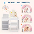 Set da toeletta per bambini con specchio illuminato a LED, tavolo e sedia da trucco 2 in 1 da principessa con libreria, mobiletto e mensole per bambine