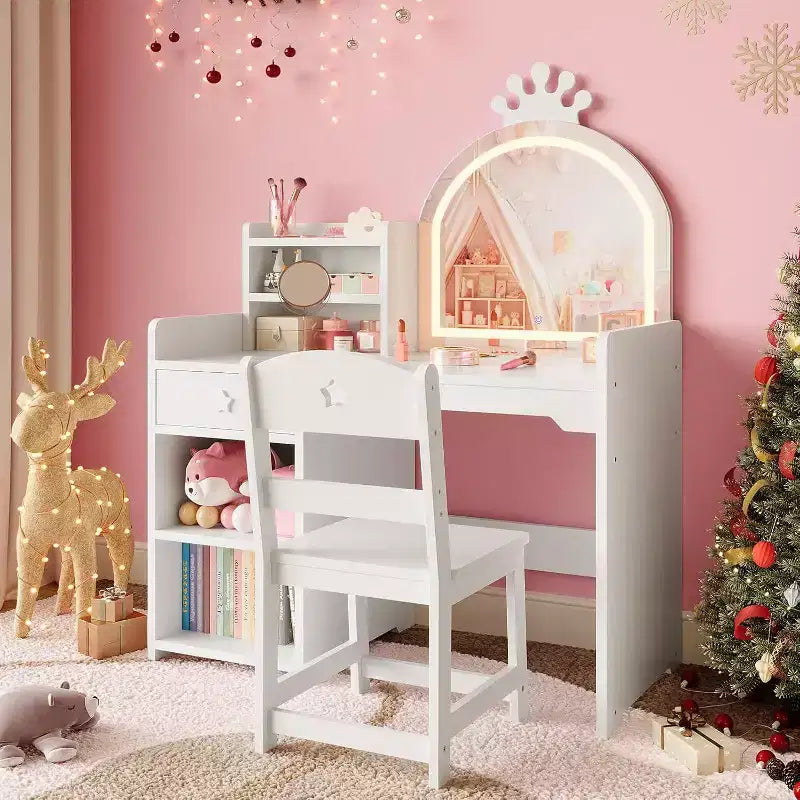 Set da toeletta per bambini con specchio illuminato a LED, tavolo e sedia da trucco 2 in 1 da principessa con libreria, mobiletto e mensole per bambine