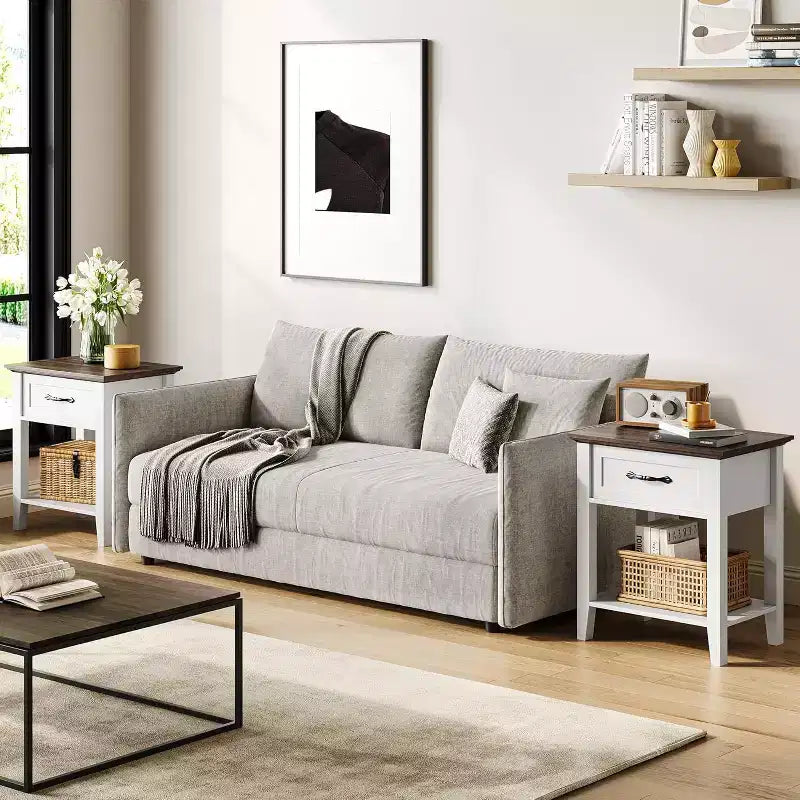 Comodini, set da 2, tavolini bianchi con cassetto e ripiani a 2 livelli, tavolini laterali per camera da letto, soggiorno, dormitorio