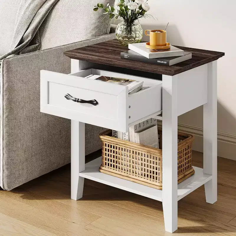 Comodini, set da 2, tavolini bianchi con cassetto e ripiani a 2 livelli, tavolini laterali per camera da letto, soggiorno, dormitorio
