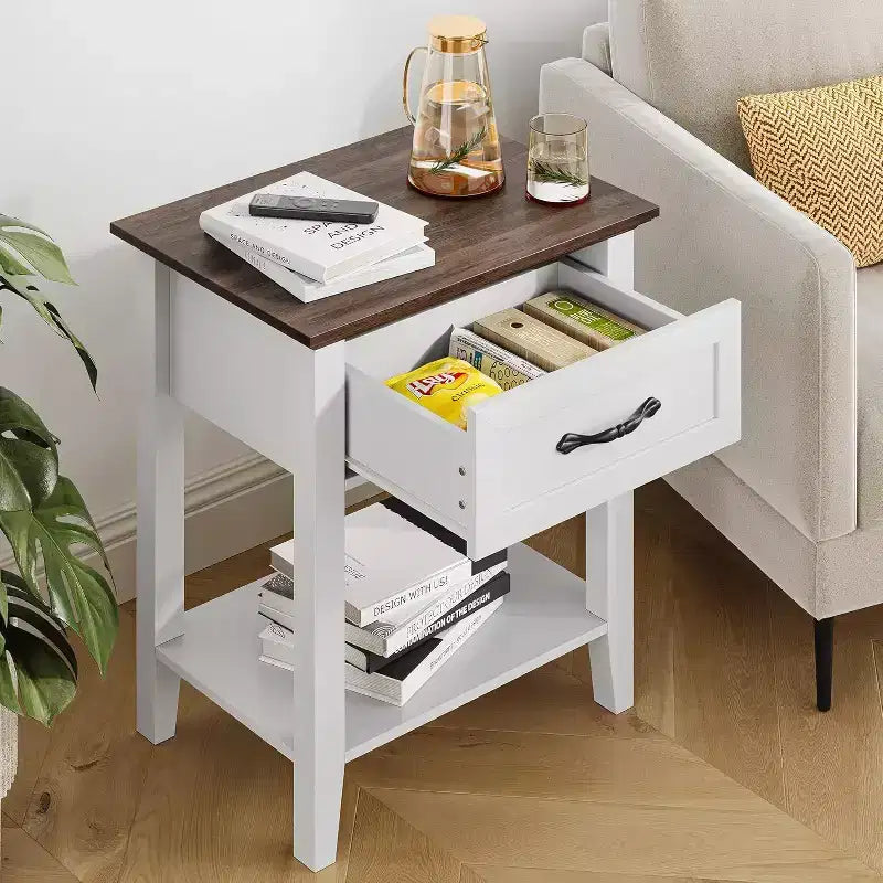 Comodini, set da 2, tavolini bianchi con cassetto e ripiani a 2 livelli, tavolini laterali per camera da letto, soggiorno, dormitorio
