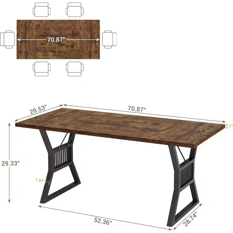 Tavolo da Pranzo 70.8" per 6 Persone, Impiallacciatura di Rovere, Struttura in Acciaio, Design Spazioso, Rovere Caldo