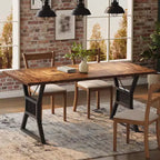 Tavolo da Pranzo 70.8" per 6 Persone, Impiallacciatura di Rovere, Struttura in Acciaio, Design Spazioso, Rovere Caldo