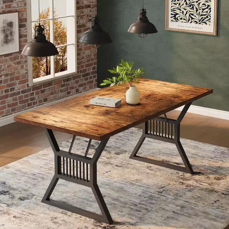Tavolo da Pranzo 70.8" per 6 Persone, Impiallacciatura di Rovere, Struttura in Acciaio, Design Spazioso, Rovere Caldo
