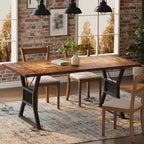 Tavolo da Pranzo 70.8" per 6 Persone, Impiallacciatura di Rovere, Struttura in Acciaio, Design Spazioso, Rovere Caldo