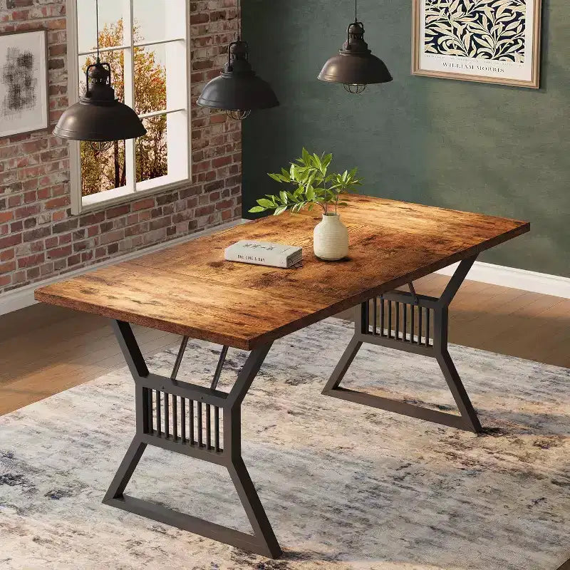 Tavolo da Pranzo 70.8" per 6 Persone, Impiallacciatura di Rovere, Struttura in Acciaio, Design Spazioso, Rovere Caldo