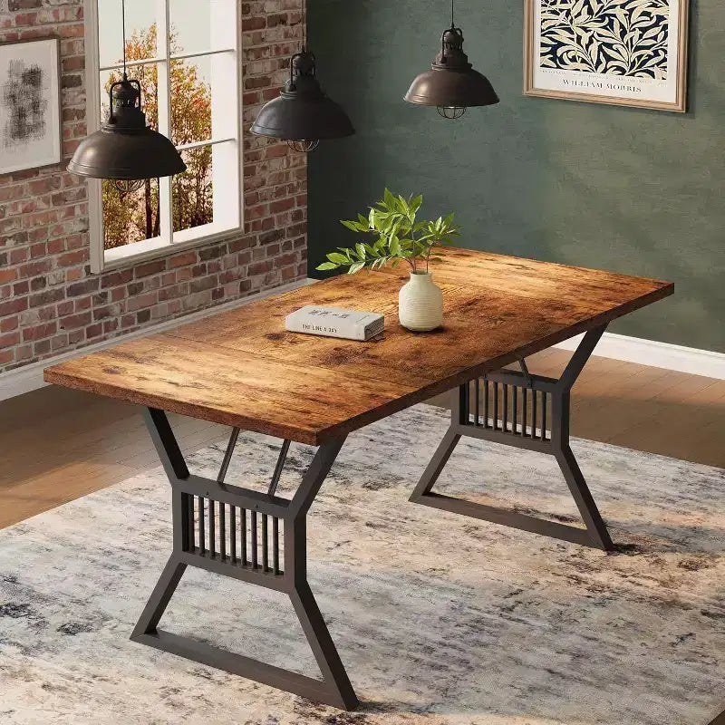 Tavolo da Pranzo 70.8" per 6 Persone, Impiallacciatura di Rovere, Struttura in Acciaio, Design Spazioso, Rovere Caldo