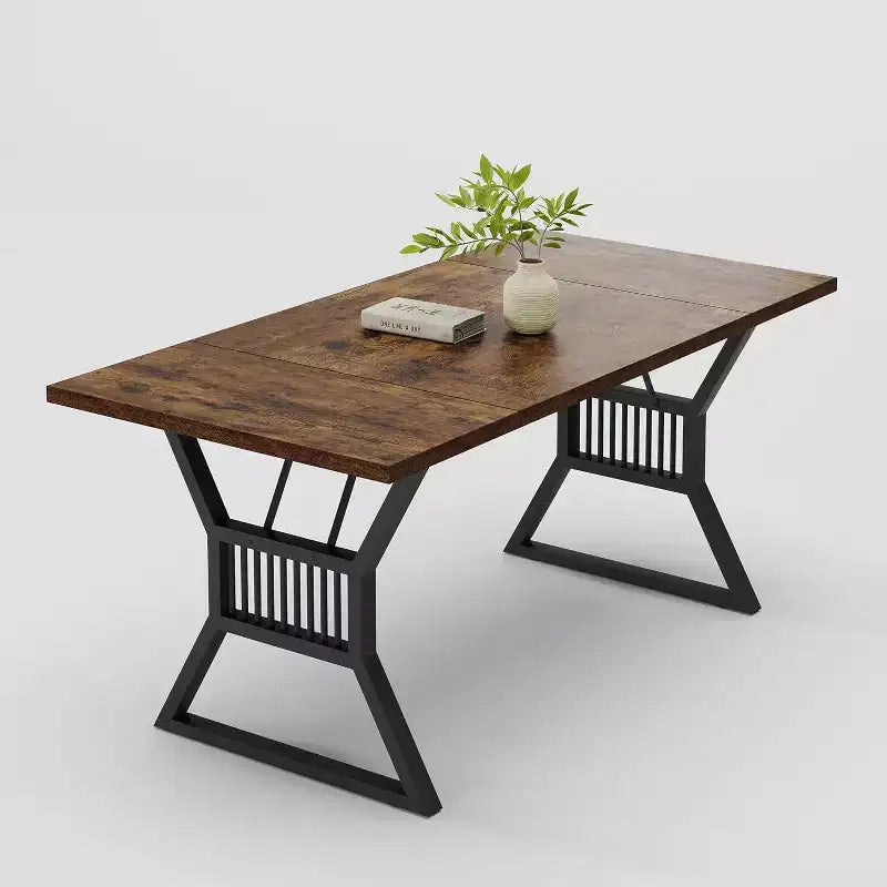 Tavolo da Pranzo 70.8" per 6 Persone, Impiallacciatura di Rovere, Struttura in Acciaio, Design Spazioso, Rovere Caldo