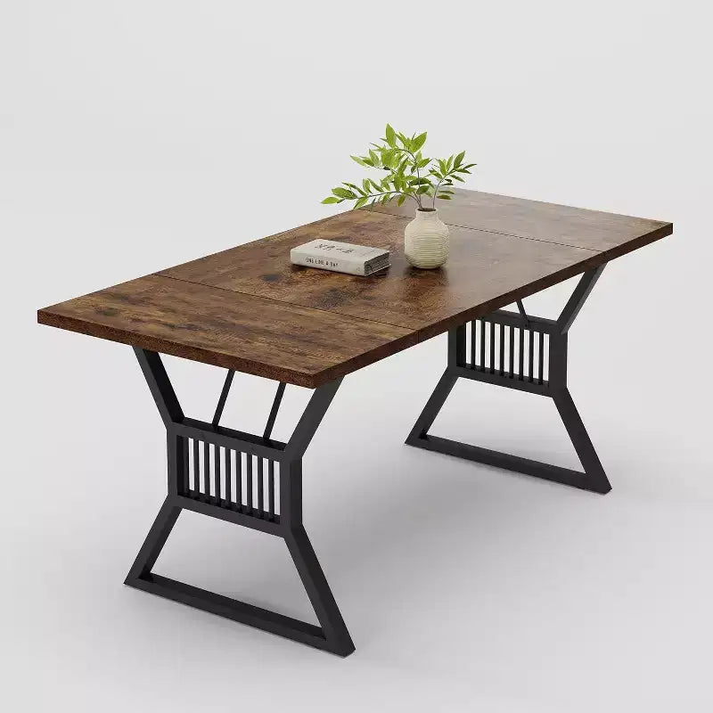 Tavolo da Pranzo 70.8" per 6 Persone, Impiallacciatura di Rovere, Struttura in Acciaio, Design Spazioso, Rovere Caldo