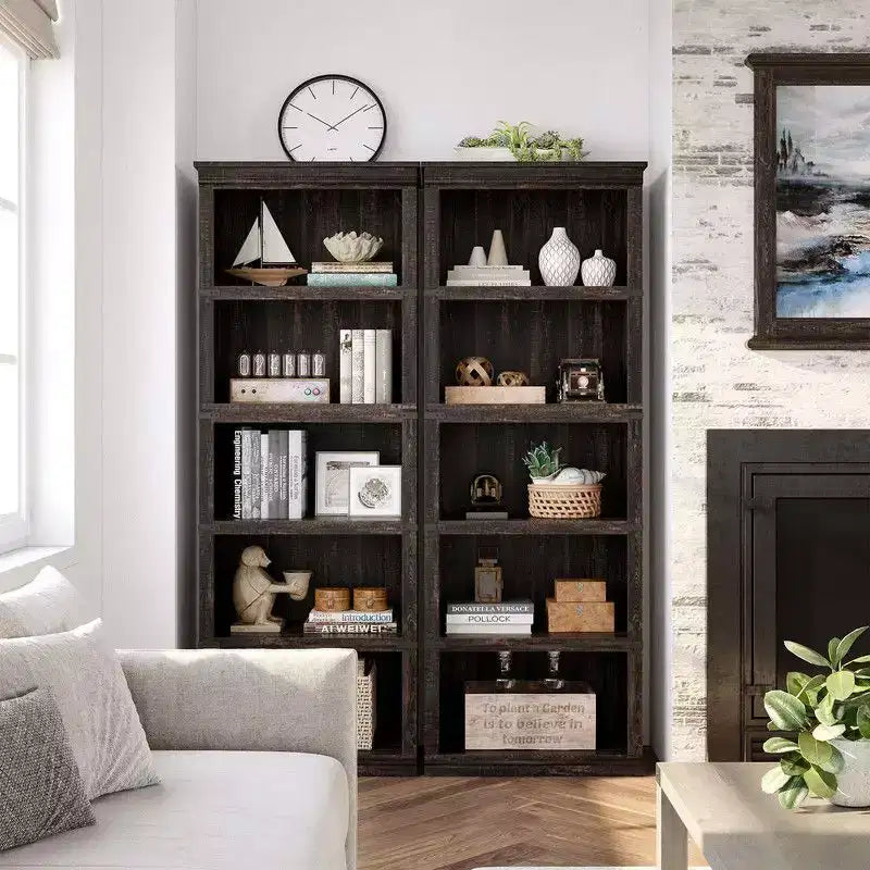 Scaffale a 5 ripiani, Libreria in stile rustico, Scaffale alto con contenitore, Librerie in legno per soggiorno