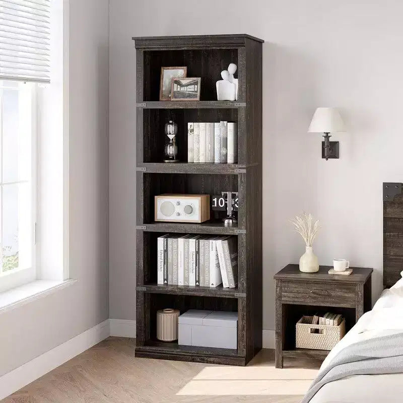 Scaffale a 5 ripiani, Libreria in stile rustico, Scaffale alto con contenitore, Librerie in legno per soggiorno