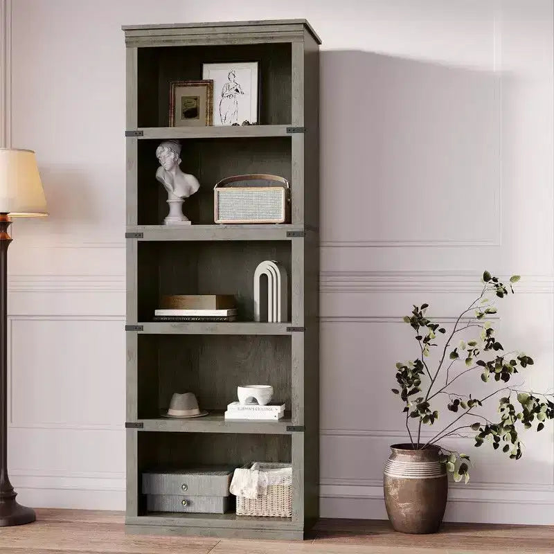 Scaffale a 5 ripiani, Libreria in stile rustico, Scaffale alto con contenitore, Librerie in legno per soggiorno