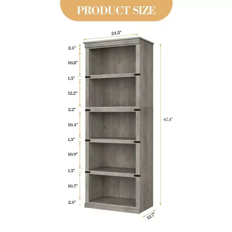 Scaffale a 5 ripiani, Libreria in stile rustico, Scaffale alto con contenitore, Librerie in legno per soggiorno