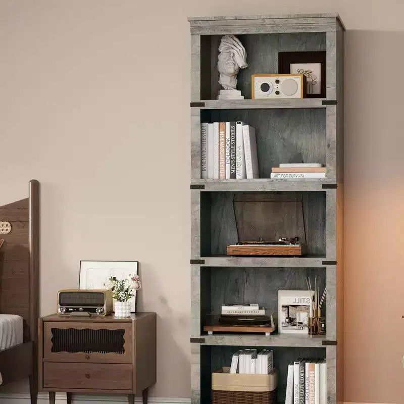 Scaffale a 5 ripiani, Libreria in stile rustico, Scaffale alto con contenitore, Librerie in legno per soggiorno