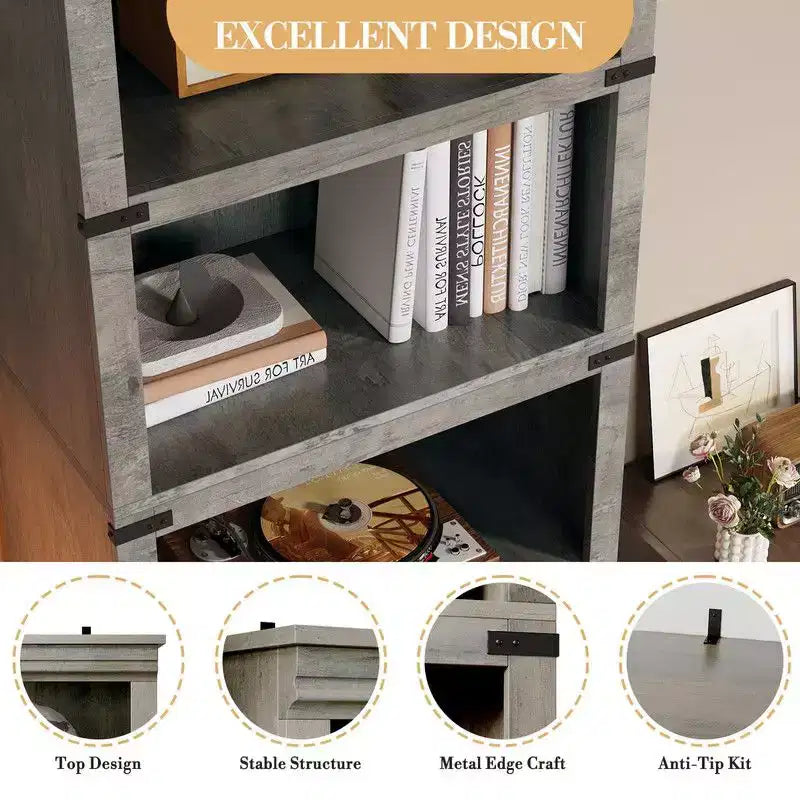 Scaffale a 5 ripiani, Libreria in stile rustico, Scaffale alto con contenitore, Librerie in legno per soggiorno