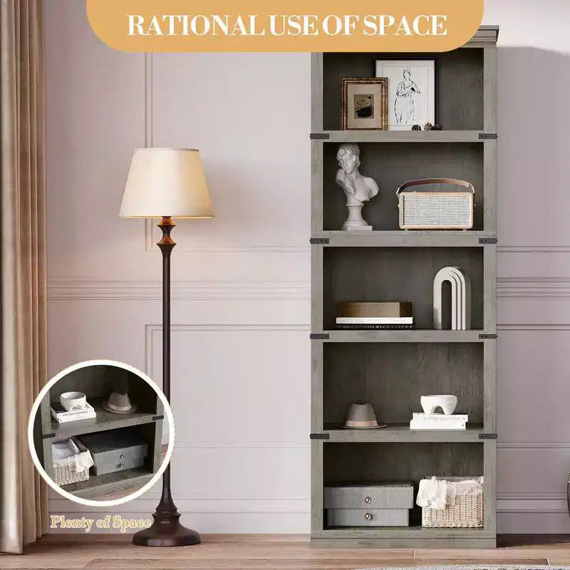 Scaffale a 5 ripiani, Libreria in stile rustico, Scaffale alto con contenitore, Librerie in legno per soggiorno