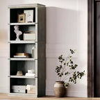 Scaffale a 5 ripiani, Libreria in stile rustico, Scaffale alto con contenitore, Librerie in legno per soggiorno