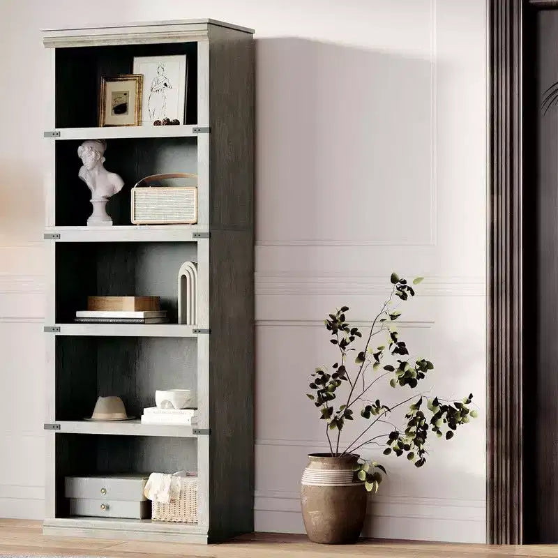 Scaffale a 5 ripiani, Libreria in stile rustico, Scaffale alto con contenitore, Librerie in legno per soggiorno