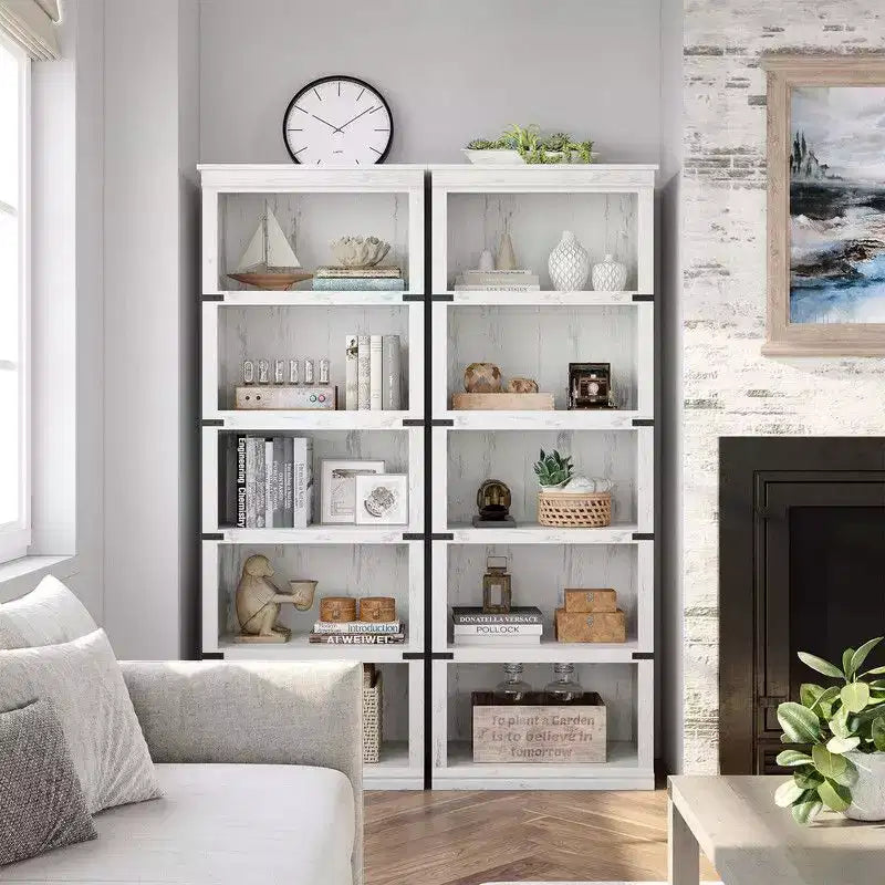 Scaffale a 5 ripiani, Libreria in stile rustico, Scaffale alto con contenitore, Librerie in legno per soggiorno