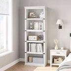 Scaffale a 5 ripiani, Libreria in stile rustico, Scaffale alto con contenitore, Librerie in legno per soggiorno