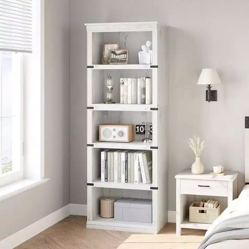 Scaffale a 5 ripiani, Libreria in stile rustico, Scaffale alto con contenitore, Librerie in legno per soggiorno