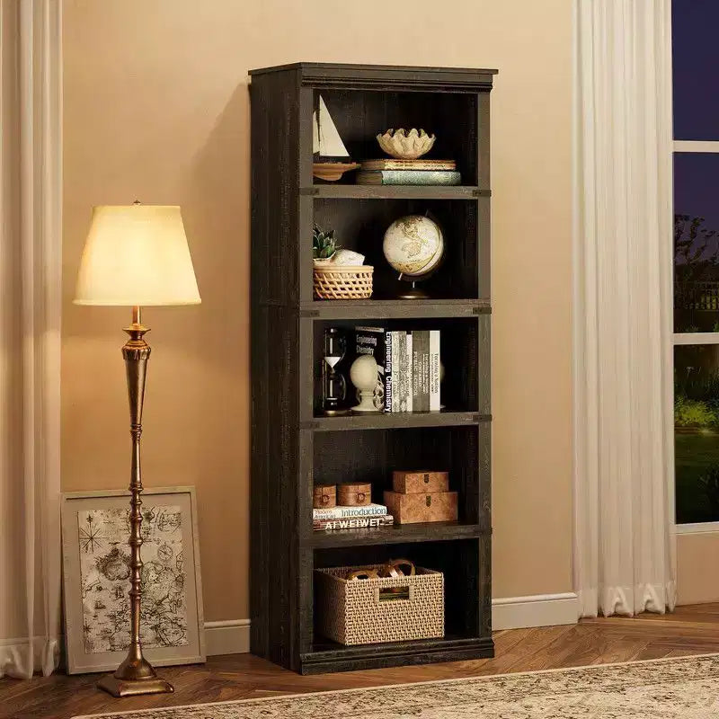 Scaffale a 5 ripiani, Libreria in stile rustico, Scaffale alto con contenitore, Librerie in legno per soggiorno