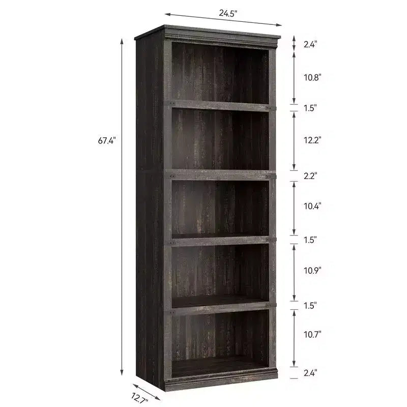 Scaffale a 5 ripiani, Libreria in stile rustico, Scaffale alto con contenitore, Librerie in legno per soggiorno