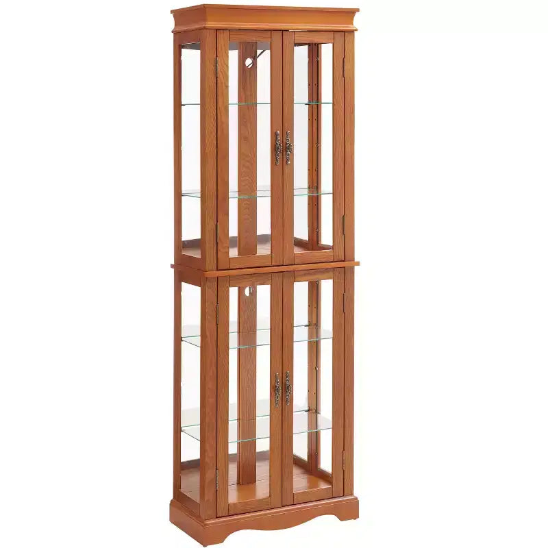 Lighted Glass Curio Display Cabinet with Wood Frame - Elegant Glass Storage for Wine, Toys & Collectibles - Perfect for Living Room, Kitchen- OAK