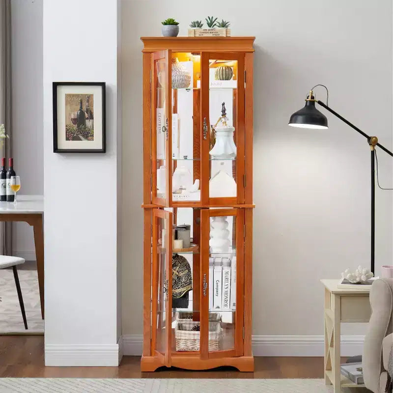 Vetrinetta illuminata con struttura in legno - Elegante mobiletto in vetro per vino, giocattoli e oggetti da collezione - Perfetto per soggiorno, cucina - ROVERE