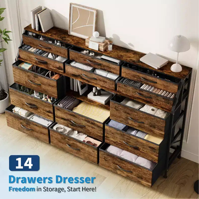 Comò bianco/nero per camera da letto, comò moderno largo 140 cm con supporto TV, organizer con 14 cassetti in tessuto, armadio grande per vestiti per corridoio, soggiorno
