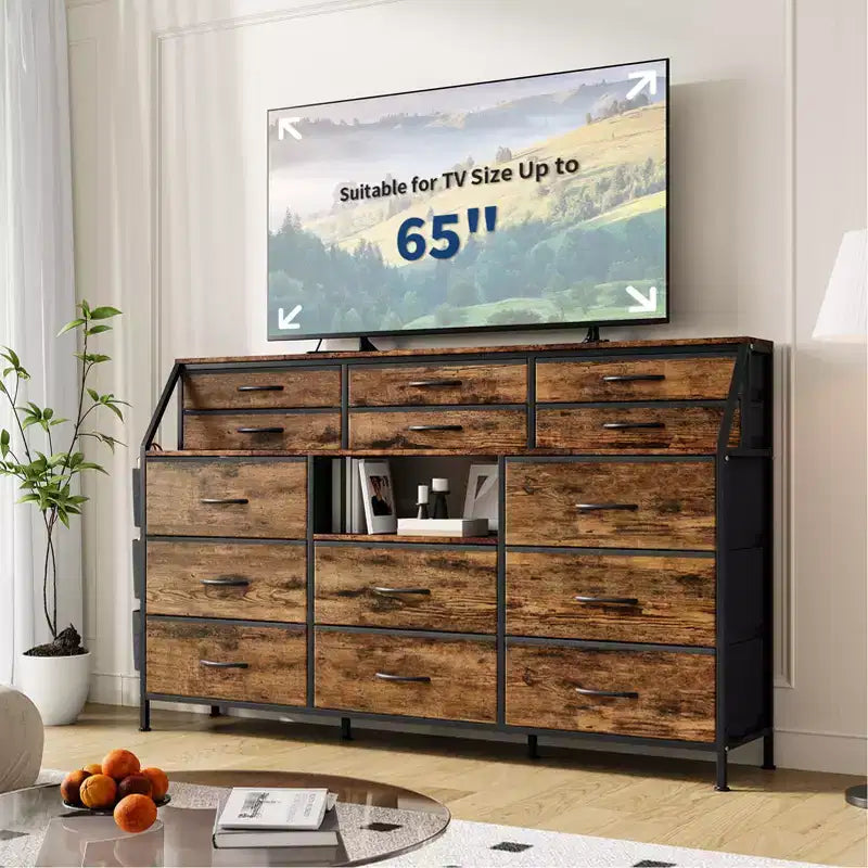 Comò bianco/nero per camera da letto, comò moderno largo 140 cm con supporto TV, organizer con 14 cassetti in tessuto, armadio grande per vestiti per corridoio, soggiorno