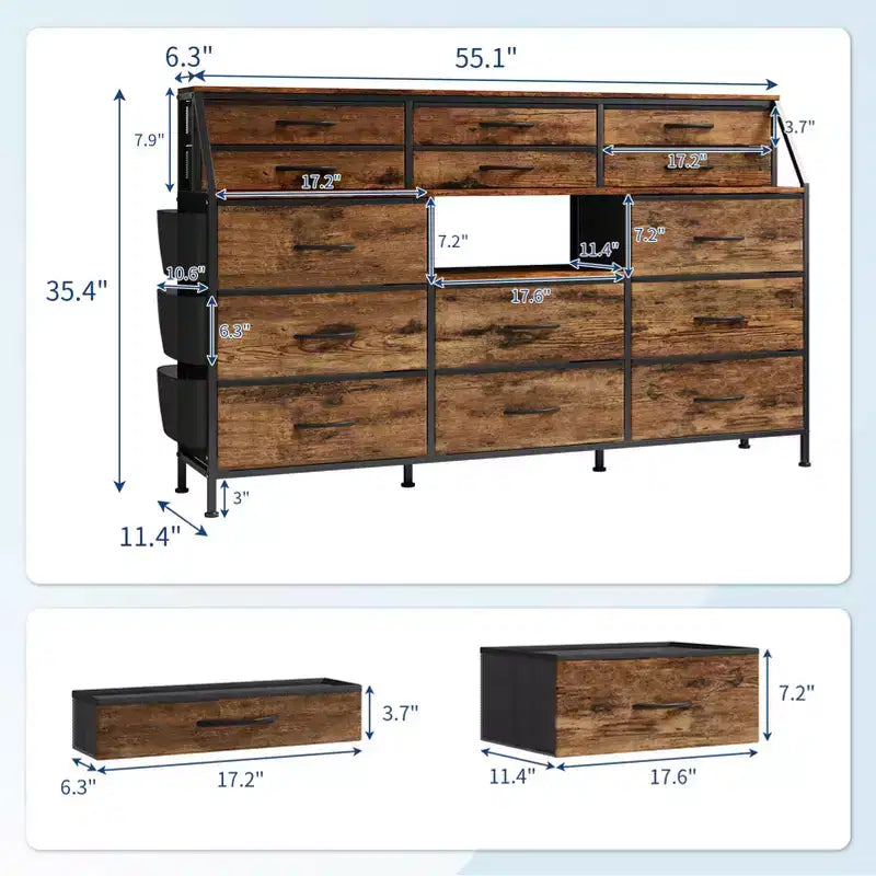 Comò bianco/nero per camera da letto, comò moderno largo 140 cm con supporto TV, organizer con 14 cassetti in tessuto, armadio grande per vestiti per corridoio, soggiorno