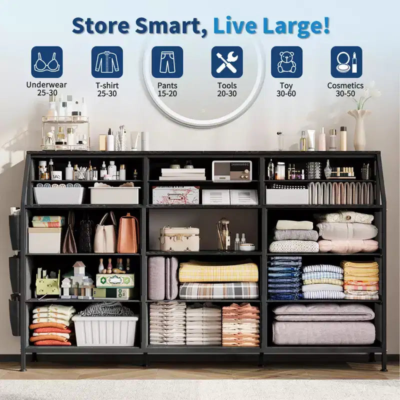 Comò bianco/nero per camera da letto, comò moderno largo 140 cm con supporto TV, organizer con 14 cassetti in tessuto, armadio grande per vestiti per corridoio, soggiorno