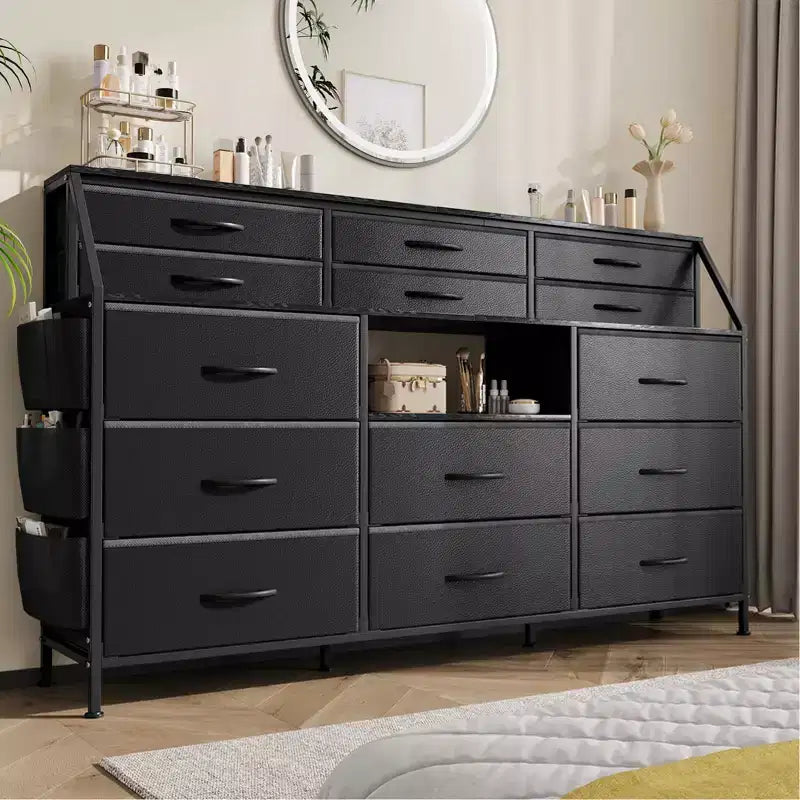Comò bianco/nero per camera da letto, comò moderno largo 140 cm con supporto TV, organizer con 14 cassetti in tessuto, armadio grande per vestiti per corridoio, soggiorno