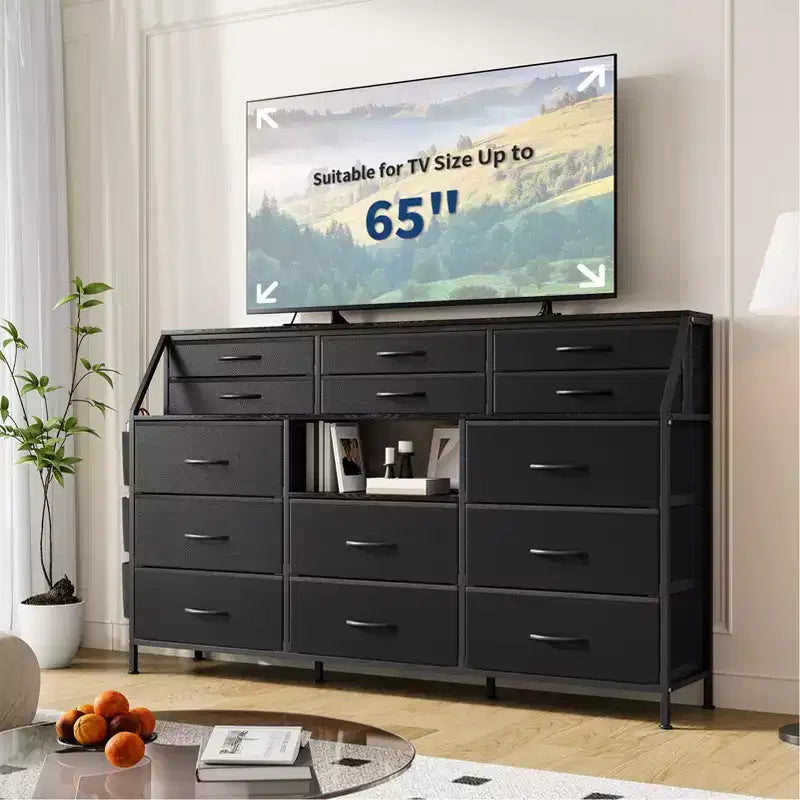 Comò bianco/nero per camera da letto, comò moderno largo 140 cm con supporto TV, organizer con 14 cassetti in tessuto, armadio grande per vestiti per corridoio, soggiorno