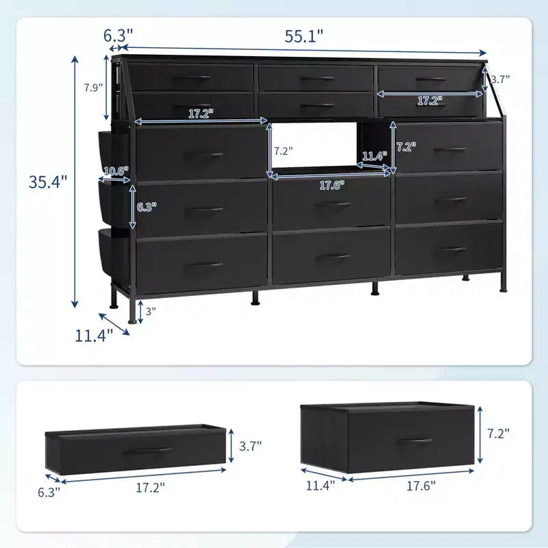 Comò bianco/nero per camera da letto, comò moderno largo 140 cm con supporto TV, organizer con 14 cassetti in tessuto, armadio grande per vestiti per corridoio, soggiorno
