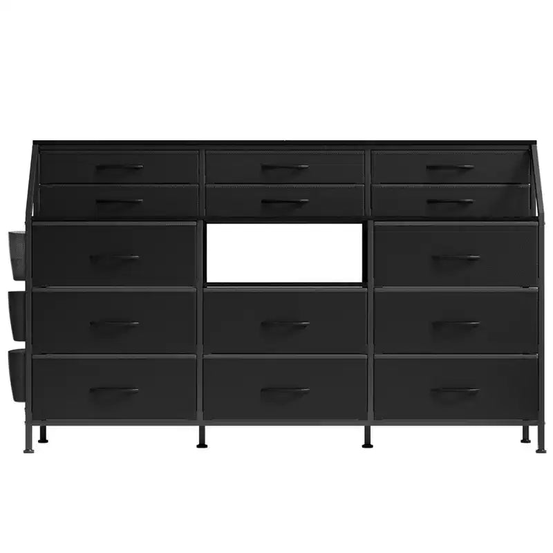 Comò bianco/nero per camera da letto, comò moderno largo 140 cm con supporto TV, organizer con 14 cassetti in tessuto, armadio grande per vestiti per corridoio, soggiorno