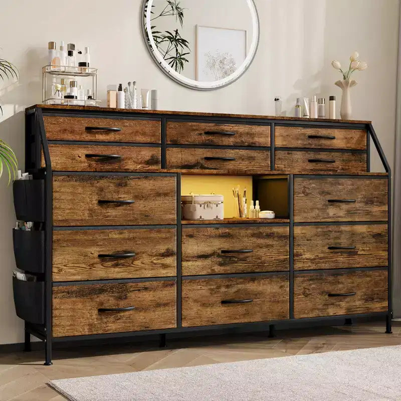 Comò bianco/nero per camera da letto, comò moderno largo 140 cm con supporto TV, organizer con 14 cassetti in tessuto, armadio grande per vestiti per corridoio, soggiorno
