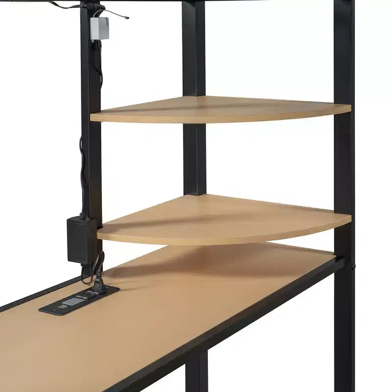 Letto a soppalco con armadio sottostante e tenda, struttura in metallo con scrivania, mensole, presa elettrica e luce a LED