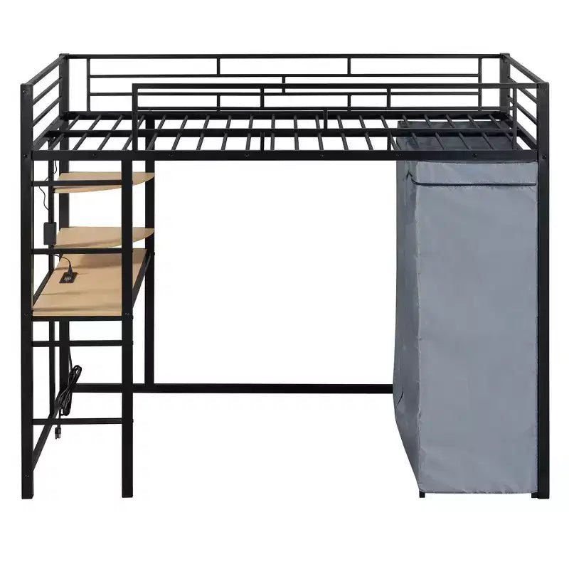 Letto a soppalco con armadio sottostante e tenda, struttura in metallo con scrivania, mensole, presa elettrica e luce a LED