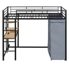 Letto a soppalco con armadio sottostante e tenda, struttura in metallo con scrivania, mensole, presa elettrica e luce a LED