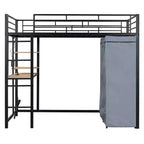 Letto a soppalco con armadio sottostante e tenda, struttura in metallo con scrivania, mensole, presa elettrica e luce a LED