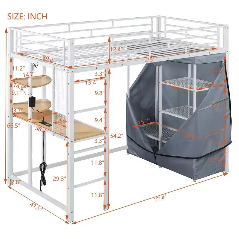 Letto a soppalco con armadio sottostante e tenda, struttura in metallo con scrivania, mensole, presa elettrica e luce a LED